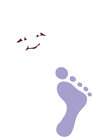 Illustration von zwei stilisierten Fußabdrücken, einer groß in Weiß mit Gesicht, der andere klein in Lila.